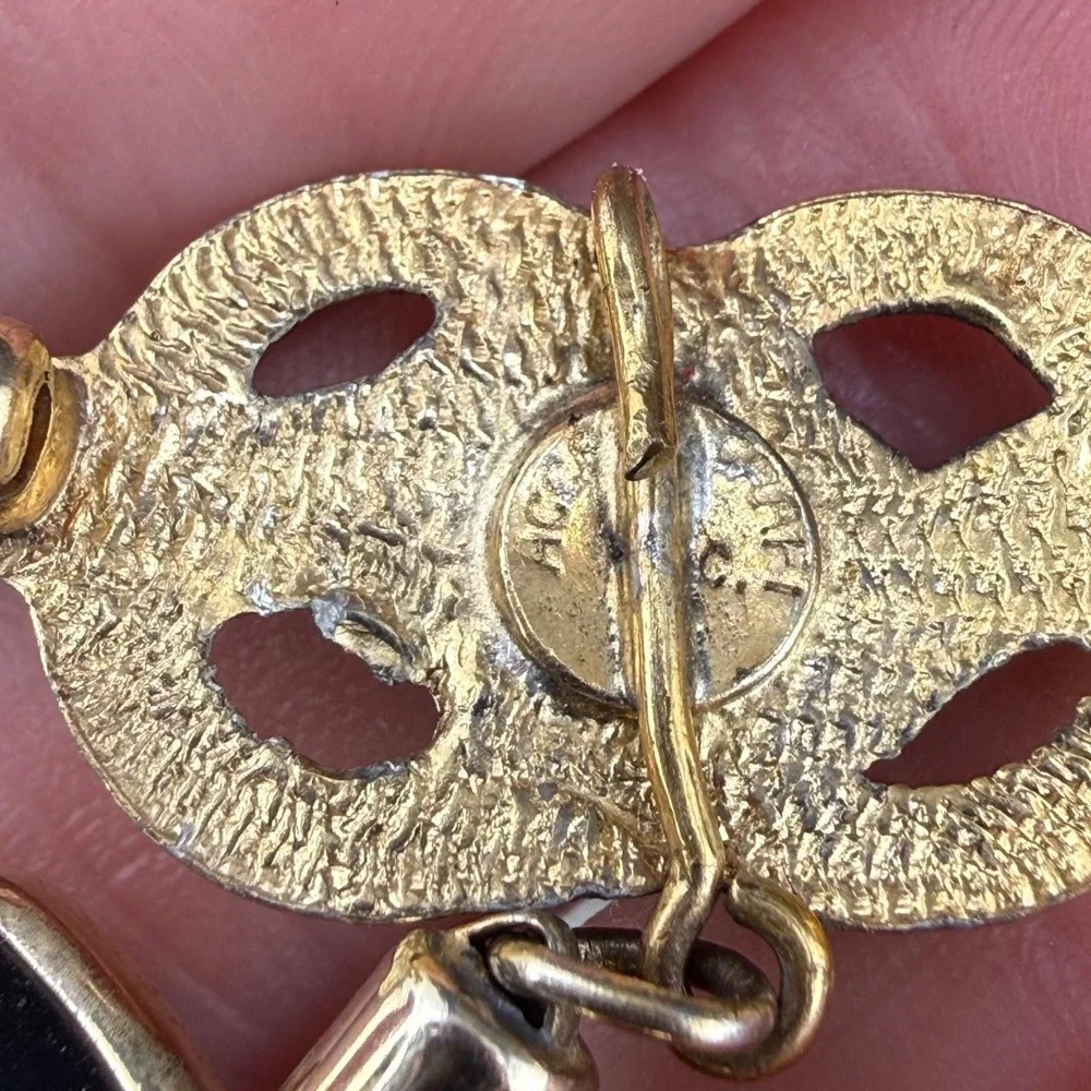 Vintage Signed Purple Faceted‎ Glass Watch Fob Brooch Gold Tone
